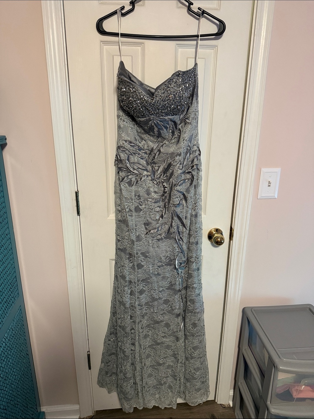 Beaded Lace Evening Gown in Silver Gray